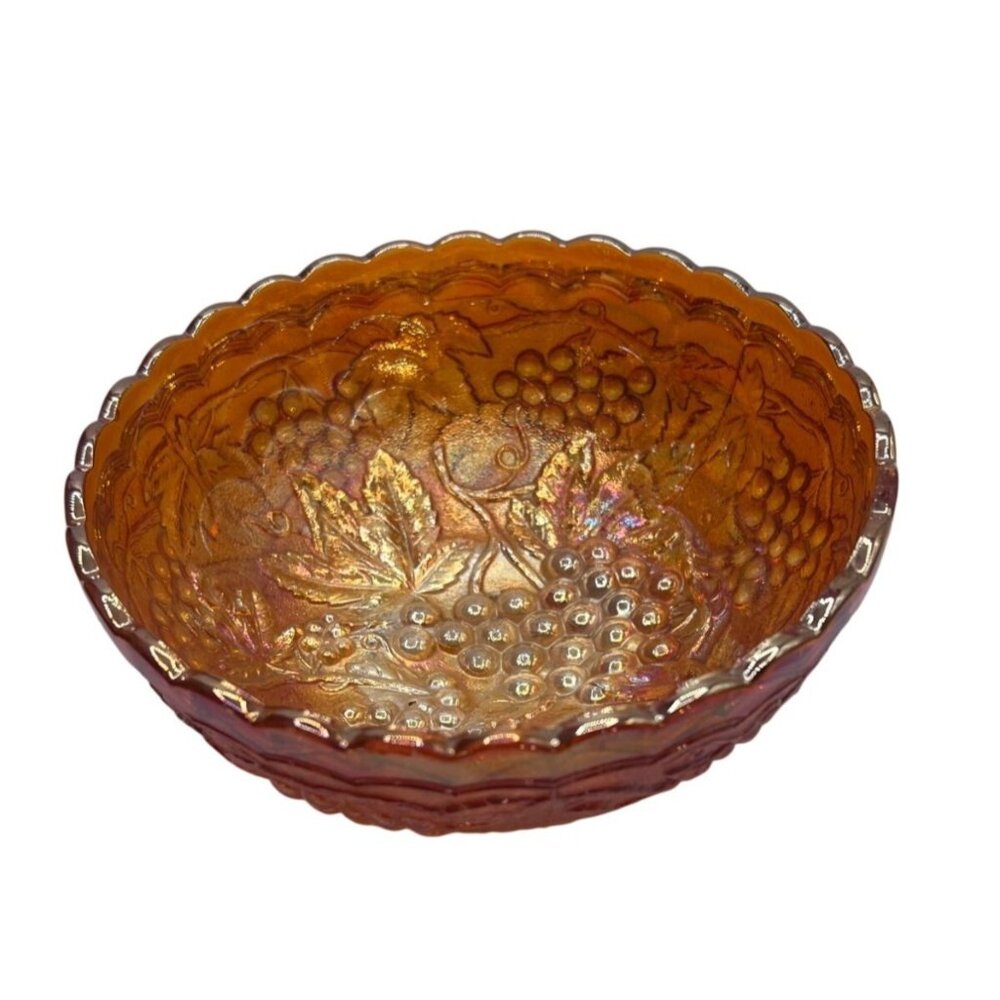 Antique Fenton Marigold Iridescent Carnival Glass Bowl With Grape & Leaf Design